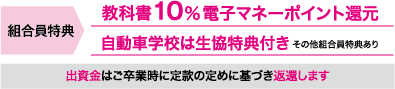 純心大生の90%が生協に加入,生協出資金は卒業時に返還します,教科書10%割引 その他組合員特典あり 利用ポイントもつきます