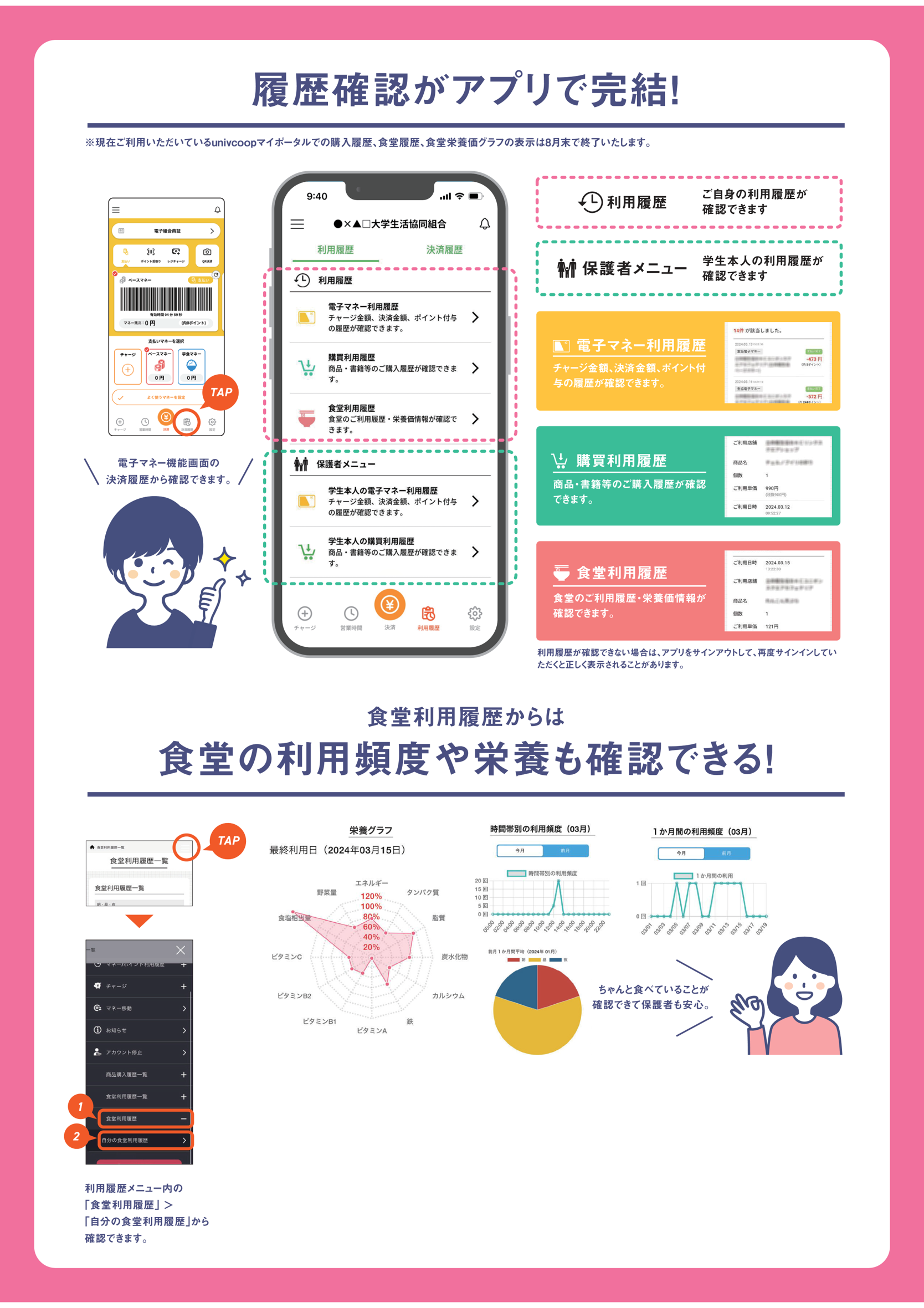 ニュース]食堂利用履歴・購入利用履歴の確認方法について univcoopマイポータルでの履歴確認は8月末で終了となります 今後はアプリ・マイページにて ご確認ください｜熊本大学生協TOPICS｜熊本大学生活協同組合
